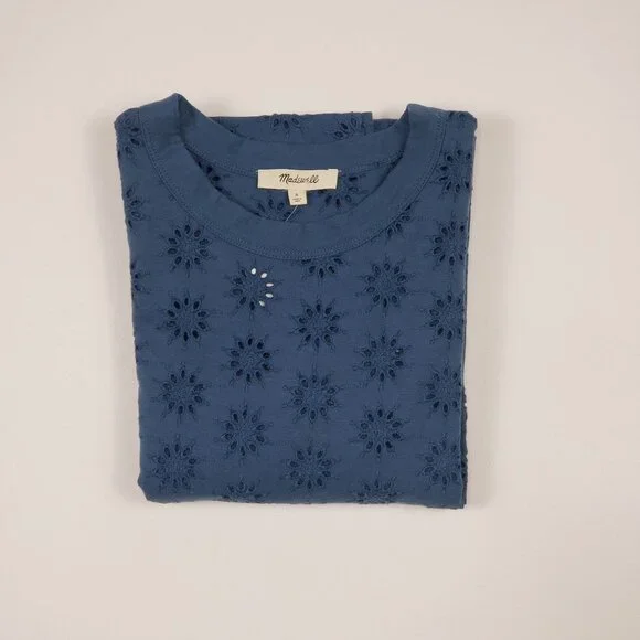 Madewell Embroidered Wide-Sleeve Boxy Tee Sunfaded Blue Relaxed Fit Casual Top S - Picture 15 of 16